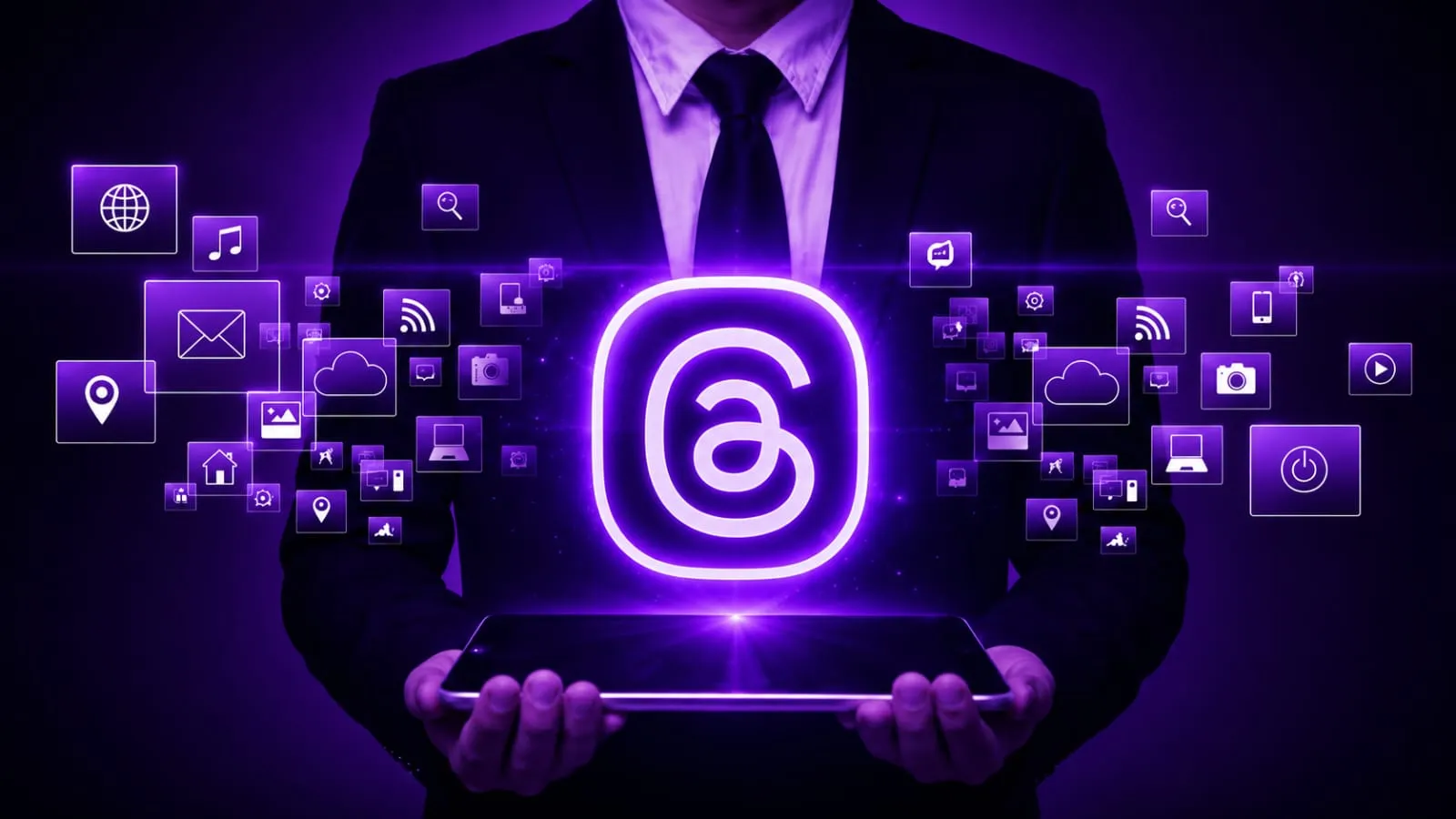Person holding phone with Threads app icon and surrounding social icons